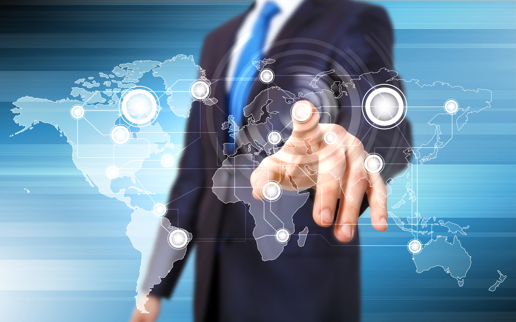 Businessman pressing social media icon